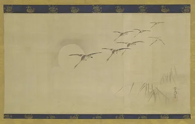 Ganzen, maan en waterplanten, Edo-periode, midden 17e-begin 18e eeuw